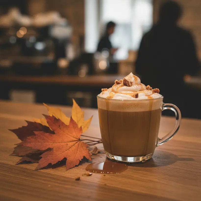 A Maple Pecan Latte with maple crème drizzle on a wooden counter