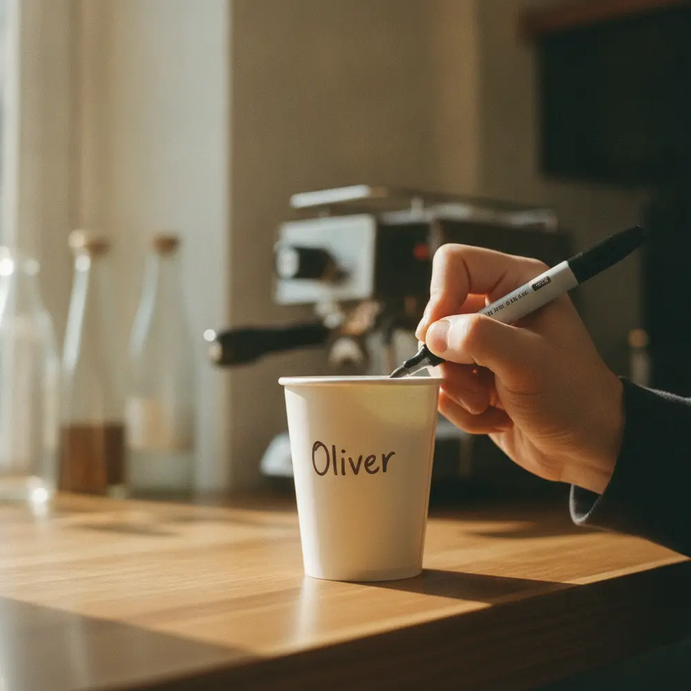 A barista writing a name on a coffee cup with a marker