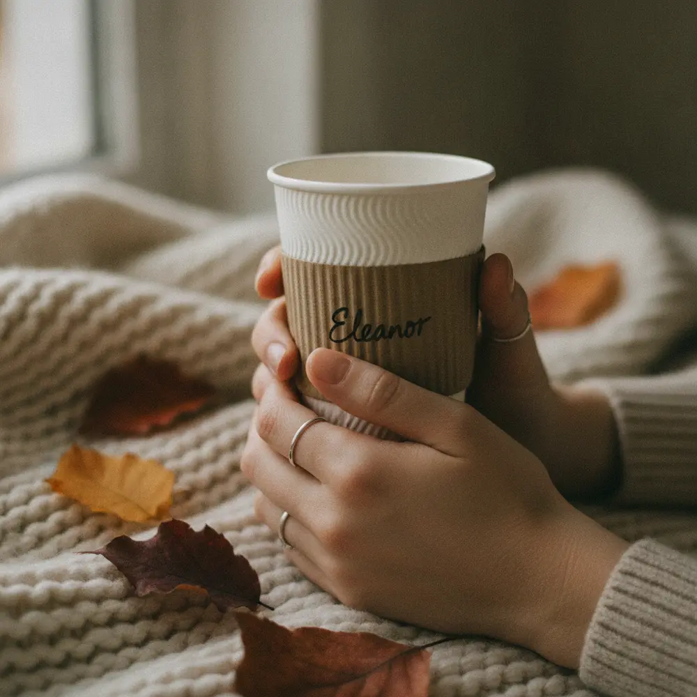 A warm cup of Evergreen coffee held in two hands on a cozy autumn morning